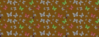 Bahar Kelebeği teması. Raster illüstrasyonu. Sonsuz. Kahverengi üzerine güzel bir kelebek kumaşı çizimi. Çizim, karalama, karalama. Giysi kumaşı için böcek kumaşı parçası tekrarlanıyor.
