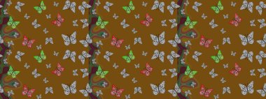 Kelebek tasviri. Tropik gerçekçi kelebek. Raster. Kahverengi arka planda güzel renkli kelebek. Sırtın için parlak bir dövme..