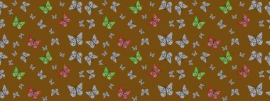 Kart, baskı ve davetiye için basit kadınsı bir model. Raster illüstrasyonu. Kahverengi arka planda renkli kelebek koleksiyonu. Robot resim. Kağıt, kumaş ve ambalaj için uygun.