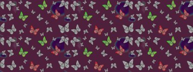 Elle çizilmiş sevimli kız çizimi. Raster illüstrasyonu. Çizim, karalama, karalama. Tekrarlanan kelebekler. Sonsuz.