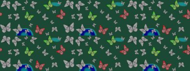 Doğadaki güzellik. Watercolor Style 'da uçan kelebeklerle eskiz kalıbı. Raster illüstrasyonu. Kumaş, Tekstil, Yazdırma ve Davetiye için arkaplan.