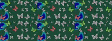 Kelebekli soyut çiçek arkaplanı çiz. Sonsuz. Raster. Moda Kumaşı Tasarımı. Çizim, karalama, karalama.