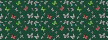 Raster illüstrasyonu. Renkli kelebeklerin eskiz geçmişi. Kumaş, kağıt, ambalaj kâğıdı ve duvar kağıdı tasarımı için güzel bir arkaplan..