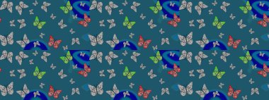 Güzel bir kumaş tasarımı. Dekoratif el çizimi kelebekler. Mavi renkli resim. Raster illüstrasyonu.