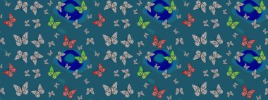 Kumaş, kağıt ve ambalaj için uygun. Raster illüstrasyonu. Bahar ve yaz tropikal kelebek çizim deseni mavi renklerde. Kelebek gölgeleri ve siluetler.