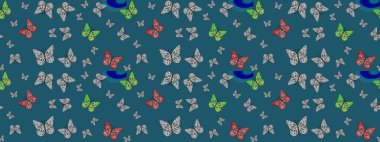 Kıyafet tarzı için mavi arka planda dekorasyon. Farklı renkte kelebeklerin çizimi. Raster illüstrasyonu. Tasarım için Raster Kelebekleri. Fantezi renkli resimler koleksiyonu.