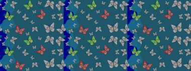 Raster illüstrasyonu. Kumaş, Tekstil, Baskı ve Davetiye için arka plan. Mavi arkaplanda kelebek deseni.