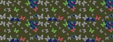 Çizim kalıbı. Yeşil arka planda uçan güzel kelebek. Kumaş, tekstil, baskı ve davetiye örnekleri. Raster. Doğada Güzellik.