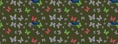 Raster illüstrasyonu. Böcekli eskiz kalıbı. Kıyafetler, erkekler, kızlar ve duvar kağıtları için soyut çizim kalıbı. Boyama kitabı için uçan farklı güzel kelebekler..