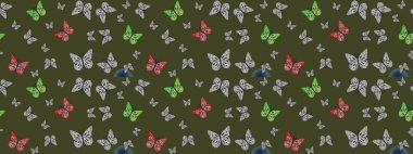 Raster illüstrasyonu. Watercolor Style 'da uçan kelebeklerle eskiz kalıbı. Doğadaki güzellik. Kumaş, Tekstil, Yazdırma ve Davetiye için arkaplan.