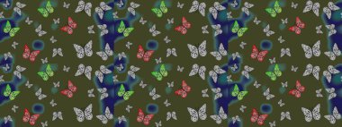 Suluboya soyut parlak desenli kelebek kanatları, retro renkler. Kumaş, tekstil, baskı ve davetiye için arka plan. Yeşil renkli resimler.