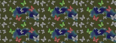 Raster illüstrasyonu. Güzel bir kumaş tasarımı. Dekoratif el çizimi kelebekler. Yeşil renkte resim.