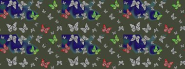 Renkli kelebeklerin eskiz geçmişi. Kumaş, kağıt, ambalaj kâğıdı ve duvar kağıdı tasarımı için güzel bir arka plan. Raster illüstrasyonu.