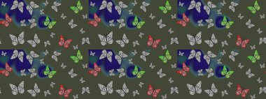 Basit bir şekilde. Yeşil renkte soyut sevimli kelebek. Eskiz kalıbı arka planı. Raster illüstrasyonu.