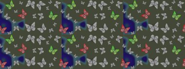 Çocuk kelebek çizim kalıbı. Yeşil arka planda güzel renkli kelebekler. Raster Moda Kelebekleri Çocuk Duvar Kağıdı.