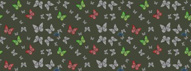 Çizim kalıbı. Raster illüstrasyonu. El çizimi kelebekli moda raster yaz deseni. Kağıt, kumaş, ambalaj kağıdı ve duvar kağıdı tasarımı için sevimli bir arkaplan.