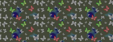 Yeşil renkli sanat kelebekleri. Raster. Çocuk kelebek çizim kalıbı. Kağıt, kumaş, ambalaj kağıdı ve duvar kağıdı tasarımı için sevimli bir arkaplan.