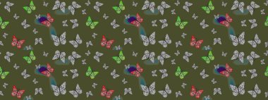 Eskiz geçmişi. Raster illüstrasyonu. Soyut renkli güzel kelebek. Yeşil renkler üzerine resim.