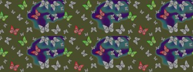 Yeşil renklerin çizimi. Karala, karala, karala. Çizim kalıbı. Raster illüstrasyonu. Tekstil baskısı için ekose kelebek.