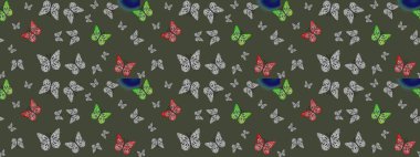 Kelebek desenli yeşiller. Kumaş, kağıt, ambalaj kâğıdı ve duvar kağıdı tasarımı için harika bir arka plan. Robot resim. Raster..
