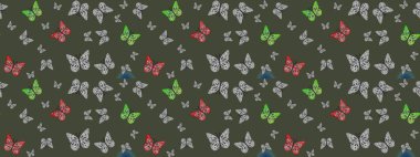 Raster. Kelebekli çizim şekli. Tekstil, kumaş, baskı ve davetiye geçmişi. Yeşil renkli illüstrasyon.