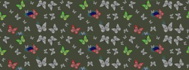 Tekstil, duvar kâğıtları, web sayfası arkaplanları ve yüzey dokuları için mükemmel. Yeşil renkli kelebeklerin eskiz arkaplanı. Raster illüstrasyonu.