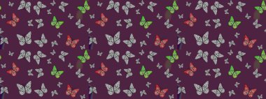 Nakış, egzotik kelebeklerle süslü çiçek eskiz deseni. Kart, baskı ve davetiye için basit şirin bir desen. Giysi tasarımı için kahverengi arka planda geleneksel Raster halk çiçekleri dekoru.