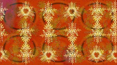 Kış kar tanesi, raster arka plan. Renkli arka planda izole kar taneleri. Raster illüstrasyonu. Yüzey için tekrarlanan doku, ambalaj kağıdı, turuncu, kahverengi ve sarı renkler.