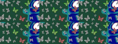 Robot resim. Raster illüstrasyonu. Yeşil arka planda kelebekler. Çizim, karalama, karalama. Sonsuz. Kelebeklerle tasarım.