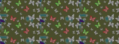 Kumaş, tekstil, baskı ve davetiye örnekleri. Çizim kalıbı. Yeşil arka planda uçan güzel kelebek. Raster. Doğada Güzellik.