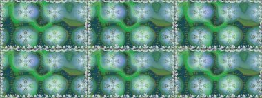 Çiçekli, suluboya desenli kusursuz çiçek deseni. Düz Çiçek Elementleri Tasarımı. Raster illüstrasyonu. Renkli Bahar Temalı Kusursuz Arkaplan. Yeşil renkte çiçekler.