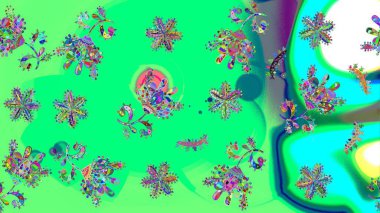 Çok yeşil zarif küçük çiçekler ve yeşil renkli komik böcekler, raster desen, illüstrasyon.