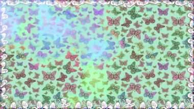 Renkli unsurlarla hareketli arka plan görüntüleri. Suluboya desenli el çizimi kelebekler. Hoş renklerde illüstrasyon. Kusursuz. Döngü.