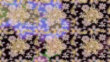 Renkli unsurlarla hareketli arka plan görüntüleri. Çiçekler. Eski model. Bayrak tarzı. Altın, altın. Video kaydı. Şablon.