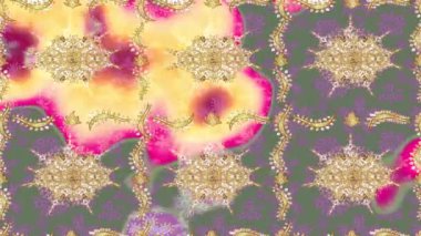 Renkli unsurlarla hareketli arka plan görüntüleri. Çiçekler. Eski model. Bayrak tarzı. Altın, altın. Video kaydı. Şablon.