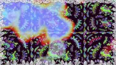 Renkli unsurlarla hareketli arka plan görüntüleri. Çiçekler. Eski model. Bayrak tarzı. Video kaydı. Şablon. Döngü. Kusursuz..