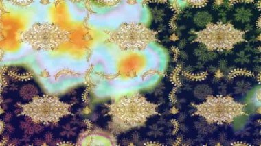 Renkli unsurlarla hareketli arka plan görüntüleri. Çiçekler. Eski model. Bayrak tarzı. Altın, altın. Video kaydı. Şablon.