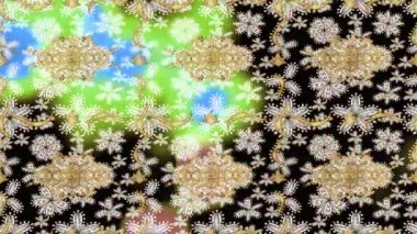 Renkli unsurlarla hareketli arka plan görüntüleri. Çiçekler. Eski model. Bayrak tarzı. Altın, altın. Video kaydı. Şablon.