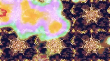 Renkli unsurlarla hareketli arka plan görüntüleri. Çiçekler. Eski model. Bayrak tarzı. Altın, altın. Video kaydı. Şablon.