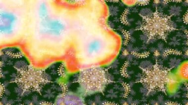 Renkli unsurlarla hareketli arka plan görüntüleri. Çiçekler. Eski model. Bayrak tarzı. Altın, altın. Video kaydı. Şablon.