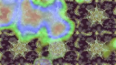 Renkli unsurlarla hareketli arka plan görüntüleri. Çiçekler. Eski model. Bayrak tarzı. Altın, altın. Video kaydı. Şablon.