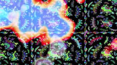 Renkli unsurlarla hareketli arka plan görüntüleri. Çiçekler. Eski model. Bayrak tarzı. Altın, altın. Video kaydı. Şablon.