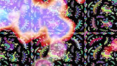 Renkli unsurlarla hareketli arka plan görüntüleri. Çiçekler. Eski model. Bayrak tarzı. Altın, altın. Video kaydı. Şablon.