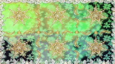 Yeşil renklerde ve altın elementlerle klasik, dikişsiz desen. Noel 2019, kar tanesi, yeni yıl.