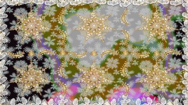 Geleneksel raster ve altın desen. Damask pürüzsüz süsü. Gri renkler üzerinde klasik oryantal desen.