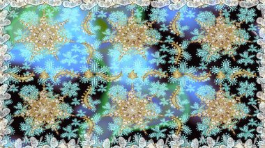 Mavi renklerde altın rengi, altın çiçekli desenler. Raster geometrik arka plan. Senin tasarımın için, duvar kağıdı. Altın rengi kusursuz illüstrasyon.