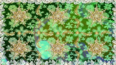 Altın karalama fantezi yapraklarından ve yeşil renkli çiçeklerden Raster soyut çiçek çelengi. El yapımı dekoratif çerçeve, albüm kapağı, tebrik kartı, klasik Art deco tarzı.