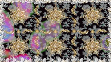 Gri renkli ve altın elementli altın desenli. Süslü raster dekorasyonu. Barok tarzında duvar kağıdı tasarımı için kusursuz damaske deseni arkaplanı.