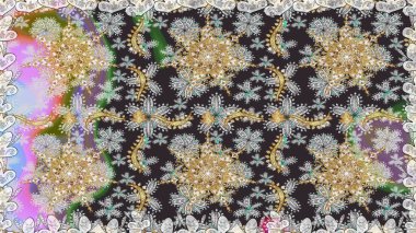 Çiçekli süslemeli, pürüzsüz bir desen. Doğu tarzında klasik tasarım öğesi. Gri renkli geleneksel Arapça dekor. Duvar kâğıdı için altın süslü bir illüstrasyon. Süslü dantel iz sürücü.