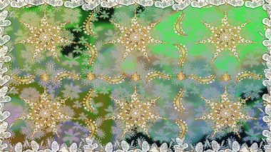 Yeşil renklerde ve altın elementlerle kusursuz klasik desen. Noel, kar tanesi, yeni yıl 2019.